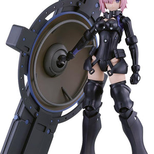 Full-body view of the PLAMATEA Shielder Mash Kyrielight Ortinax model kit figure standing beside her large shield isolated on a white background.