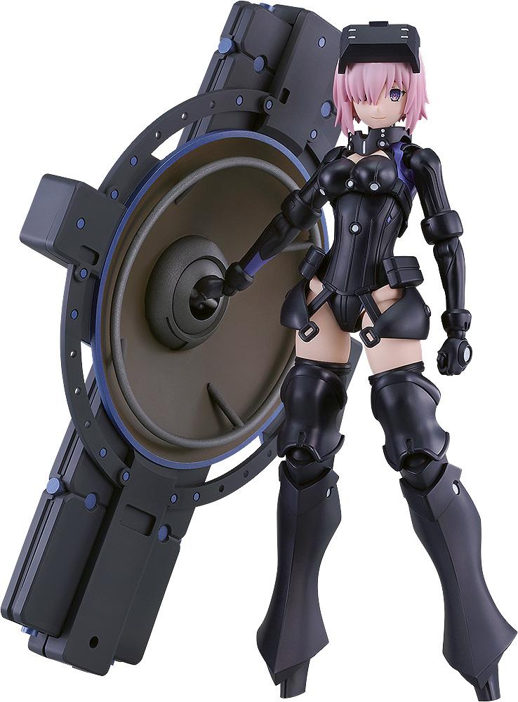 Full-body view of the PLAMATEA Shielder Mash Kyrielight Ortinax model kit figure standing beside her large shield isolated on a white background.