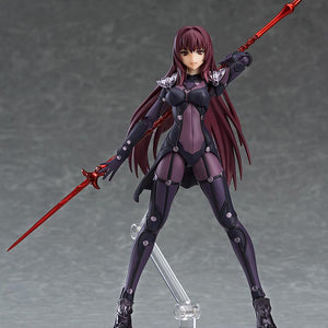 Wide standing combat stance of the Fate/Grand Order Scathach figma figure holding her iconic red magic spear with both hands.