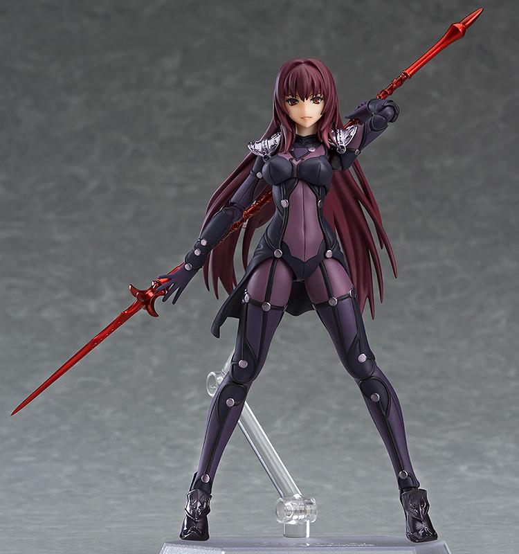 Wide standing combat stance of the Fate/Grand Order Scathach figma figure holding her iconic red magic spear with both hands.