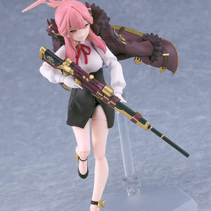 High-angle action shot of the figma Aru Rikuhachima figure moving forward with her rifle.