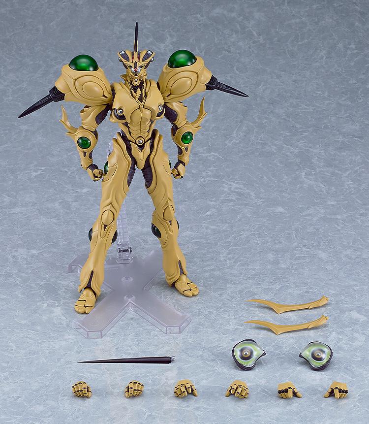 The figma Guyver Gigantic action figure displayed with all its included accessories laid out, including interchangeable hands, Giga-Smasher parts, and Gravity Ram.