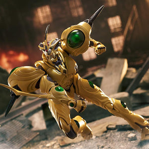 The figma Guyver Gigantic action figure in a dynamic mid-air combat pose against a destroyed city backdrop.