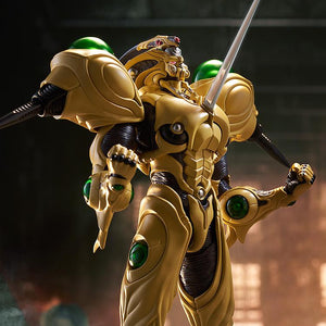 The figma Guyver Gigantic action figure utilizing the Gravity Ram attack with the extended chest spike in a city diorama.