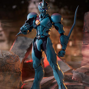Cinematic diorama display of Guyver I figma in a nighttime urban battleground setting.