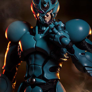 Dramatic close-up of Guyver I figma featuring the partially revealed Sho Fukamachi face part.