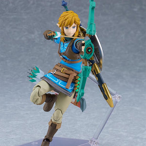 Dynamic action pose of Link jumping and aiming the Construct Bow with a notched arrow.