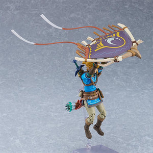 Studio product shot of the figma Link figure using the Paraglider with flowing fabric ribbons.
