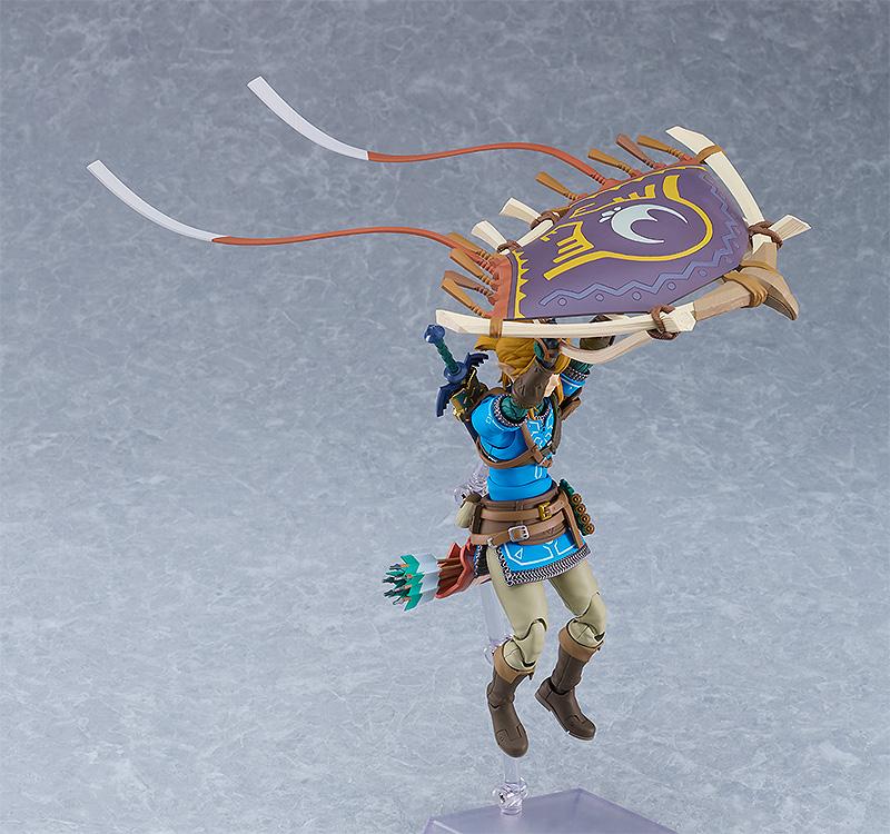 Studio product shot of the figma Link figure using the Paraglider with flowing fabric ribbons.