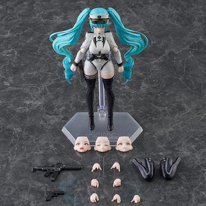 Layout of all figma Privaty accessories including 4 face plates, handgun, rifle, crouching legs, and stand.