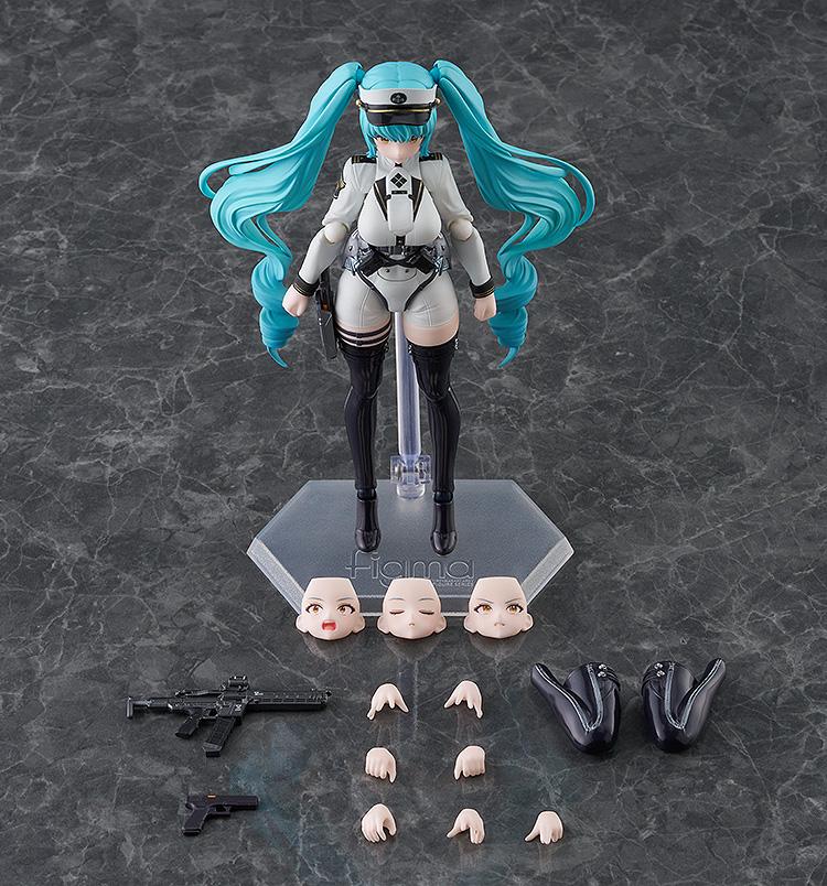Layout of all figma Privaty accessories including 4 face plates, handgun, rifle, crouching legs, and stand.