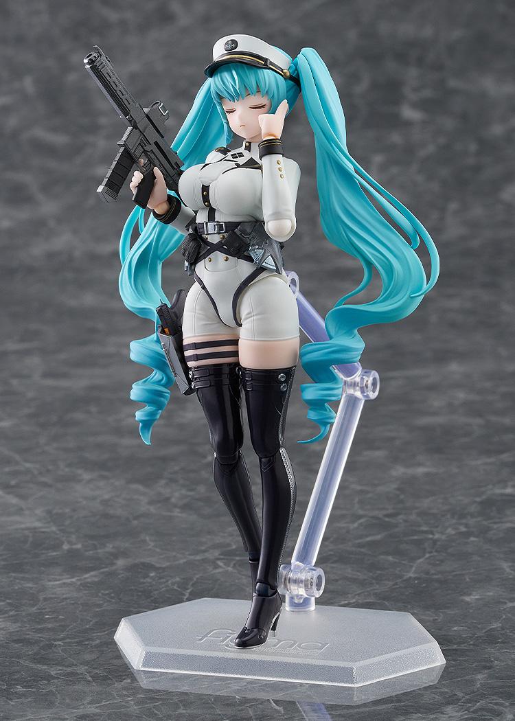 Standing pose of Privaty figma with closed eyes, holding her rifle vertically on a display stand.