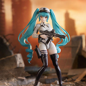 Action pose of Privaty figma in a ruined cityscape background holding her signature rifle.