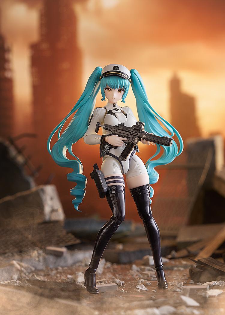 Action pose of Privaty figma in a ruined cityscape background holding her signature rifle.