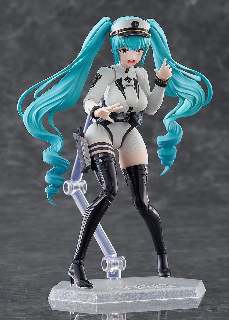 Full shot of Privaty figma on a stand using her surprised/shouting face plate and expressive hands.