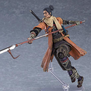 Dynamic jumping pose of the Sekiro figma figure wielding the long-range Loaded Spear shinobi prosthetic tool.