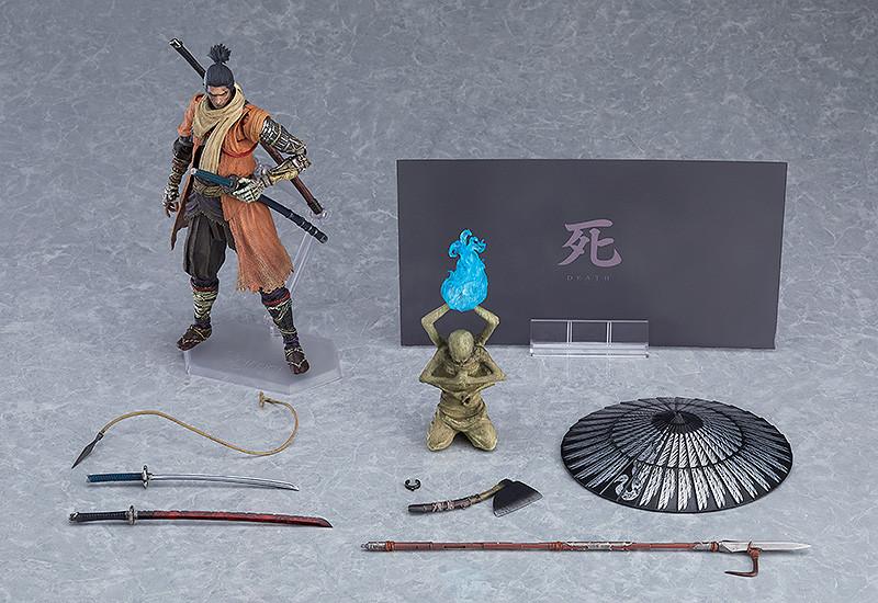 Studio layout of the figma Sekiro DX Edition on a neutral grey background featuring Kusabimaru, the Mortal Blade, and grapple hook.