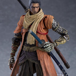 Close-up front view of the Sekiro action figure highlighting the realistic 3D-painted glaring expression and detailed hair sculpt.