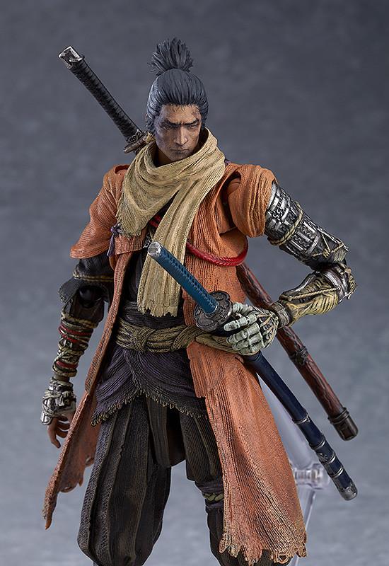 Close-up front view of the Sekiro action figure highlighting the realistic 3D-painted glaring expression and detailed hair sculpt.