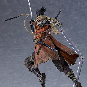 Dynamic jumping pose of the Sekiro figma action figure utilizing the grappling hook prosthetic for vertical movement.