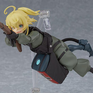 Fully articulated figma Tanya Degurechaff in a flying battle pose aiming her rifle on a clear display stand.