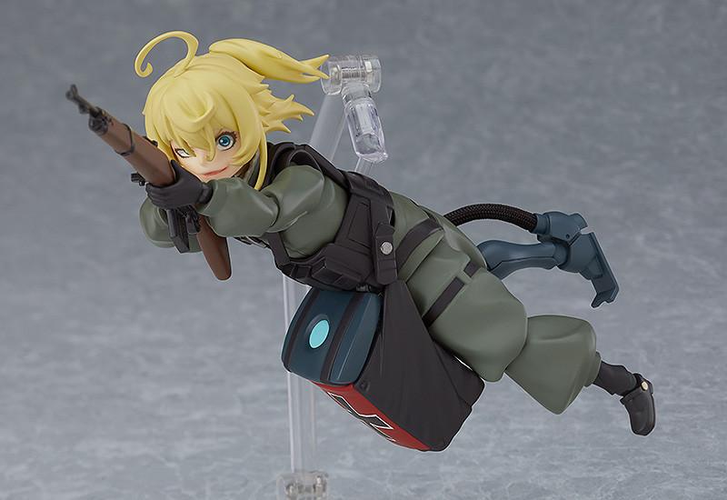 Fully articulated figma Tanya Degurechaff in a flying battle pose aiming her rifle on a clear display stand.