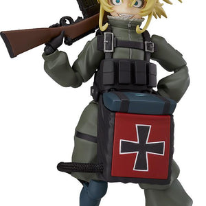 Isolated product photo of the Saga of Tanya the Evil: The Movie figma Tanya Degurechaff reissue action figure with gear and rifle on a white background.
