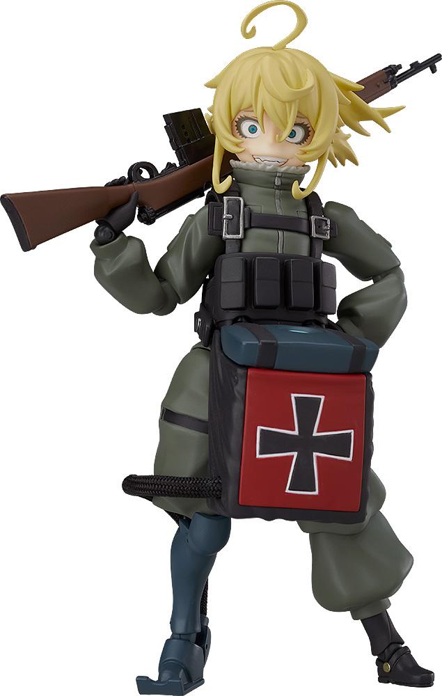 Isolated product photo of the Saga of Tanya the Evil: The Movie figma Tanya Degurechaff reissue action figure with gear and rifle on a white background.