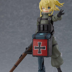 Saga of Tanya the Evil figma Tanya Degurechaff figure posed with a confident smile, reaching hand, and side-mounted rifle.