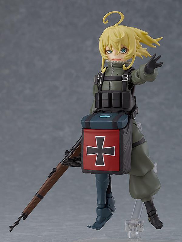 Saga of Tanya the Evil figma Tanya Degurechaff figure posed with a confident smile, reaching hand, and side-mounted rifle.
