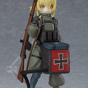 Front view of the figma Tanya Degurechaff reissue action figure showcasing the standard neutral face plate and upright rifle.