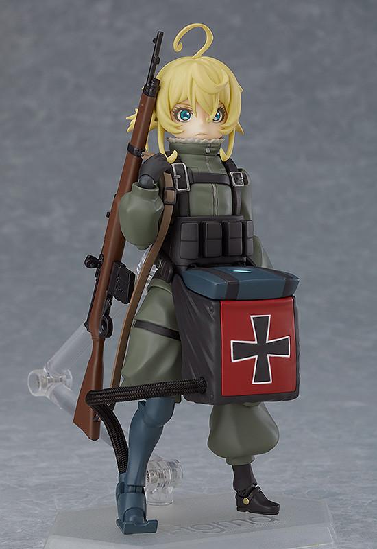 Front view of the figma Tanya Degurechaff reissue action figure showcasing the standard neutral face plate and upright rifle.