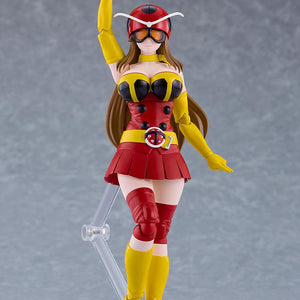 Full front view of the figma Yuriko Okada figure in her red and yellow Tackle suit mounted on a clear figma display stand.
