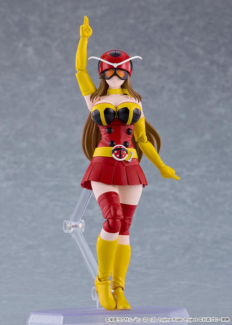 Full front view of the figma Yuriko Okada figure in her red and yellow Tackle suit mounted on a clear figma display stand.