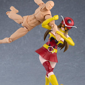 figma Yuriko Okada Electro-Wave Human Tackle Ver. executing a combat grapple throw maneuver against a dummy target figure.