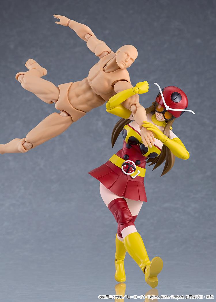 figma Yuriko Okada Electro-Wave Human Tackle Ver. executing a combat grapple throw maneuver against a dummy target figure.