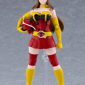 Full front standing view of figma Yuriko Okada displayed unmasked while holding her red Electro-Wave Human Tackle helmet under her arm.