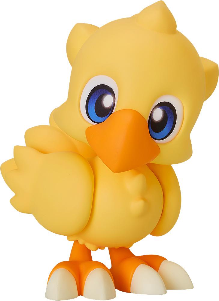A front-facing studio shot of the yellow Chocobo Nendoroid figure from Final Fantasy with large blue eyes and an orange beak.