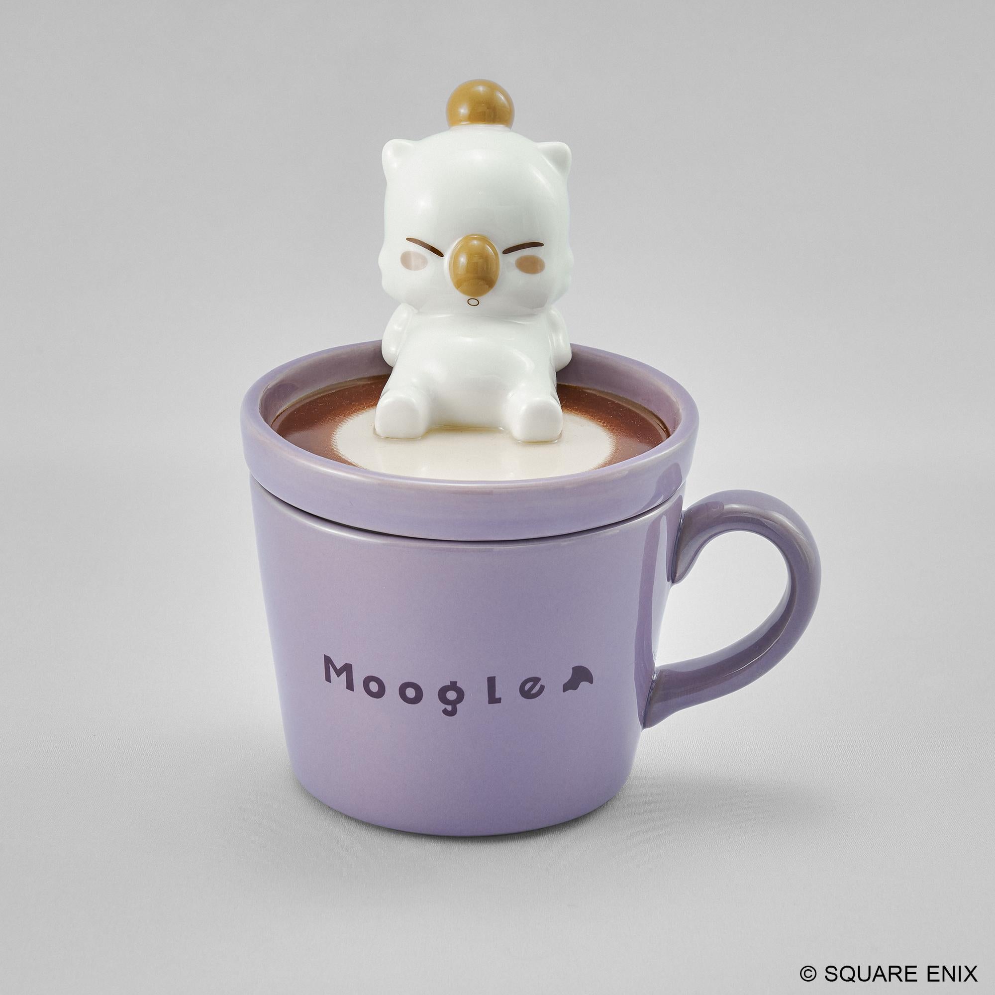 Front view of the Final Fantasy lavender porcelain mug topped with a 3D sculpted Moogle sitting in latte art.