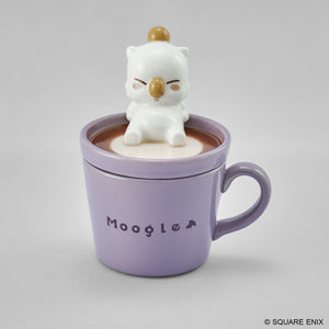 Front view of the Final Fantasy lavender porcelain mug topped with a 3D sculpted Moogle sitting in latte art.