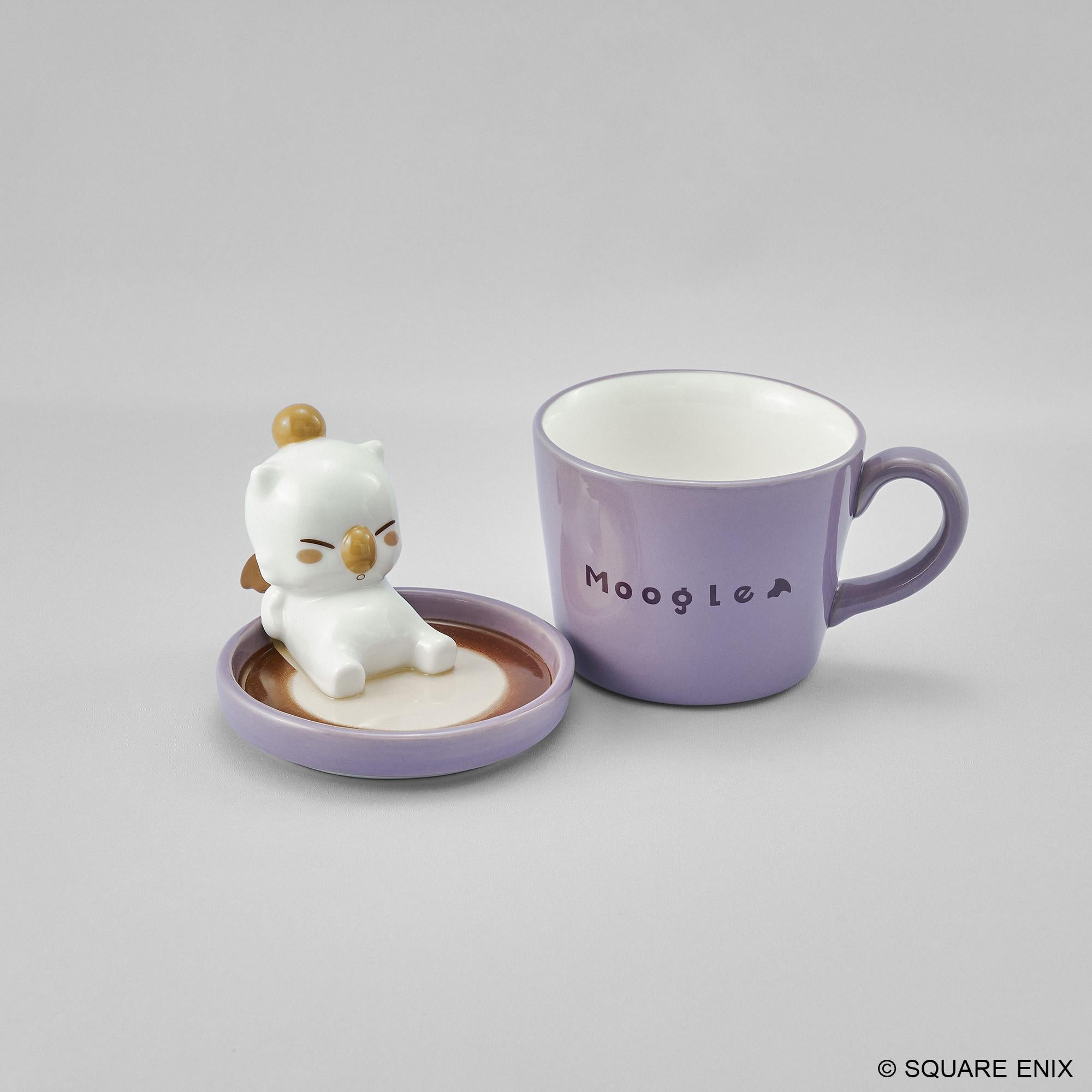 Final Fantasy Moogle porcelain mug displayed open with the removable sculpted latte art lid placed beside the cup.