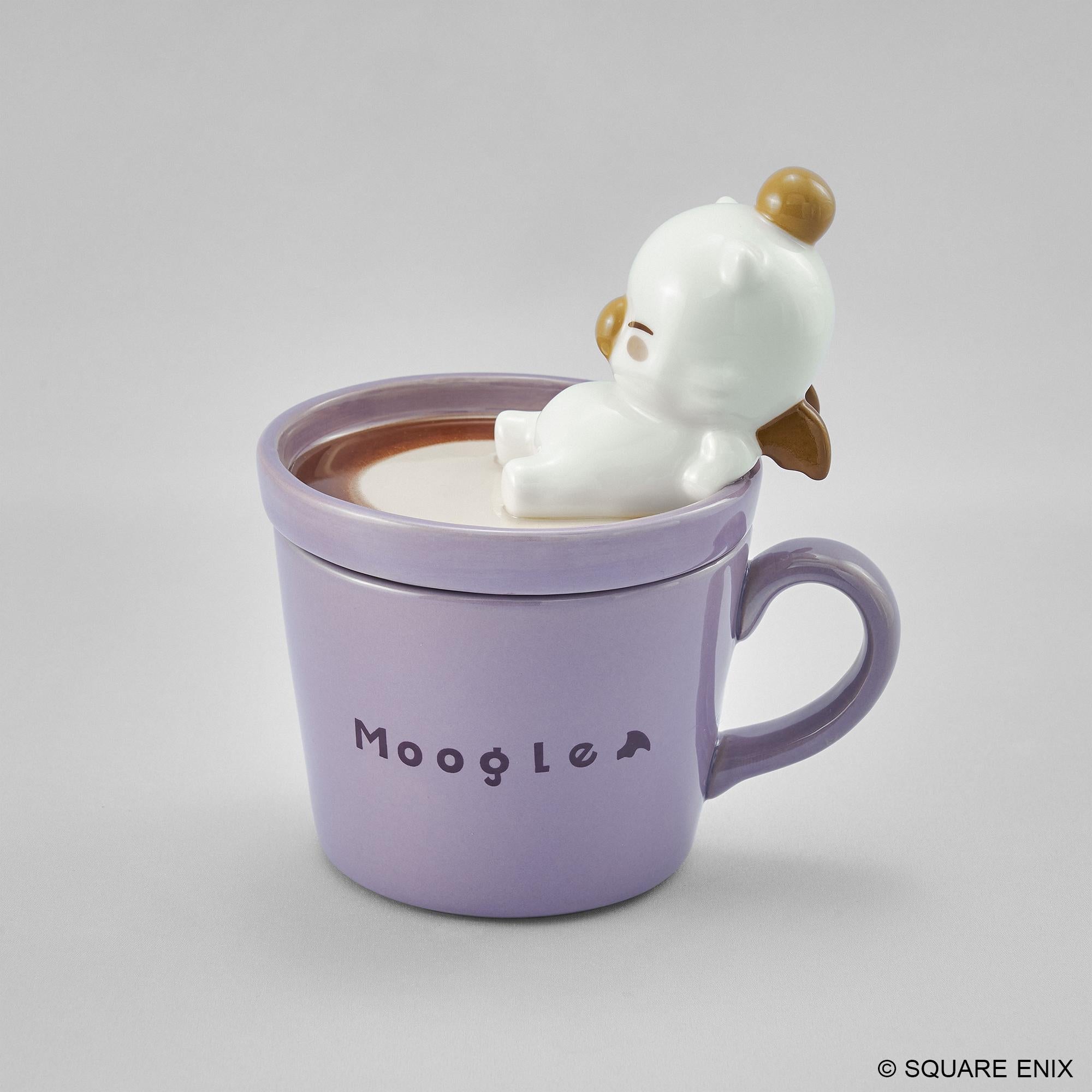 Side profile view of the purple Final Fantasy Moogle mug showing the relaxing pose of the porcelain figure topper.