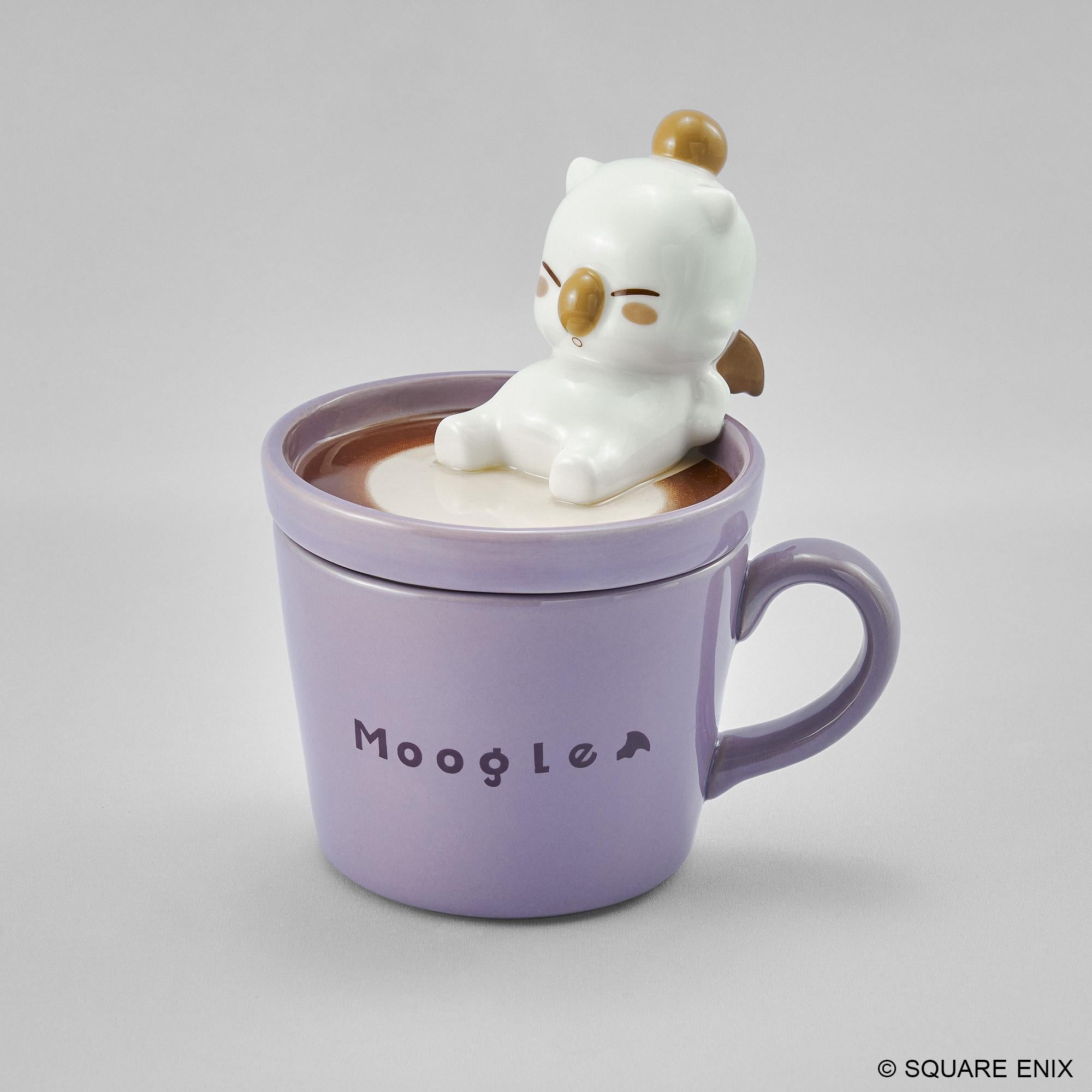 Three-quarter studio shot of the Final Fantasy Moogle figure mug showing the sculpted lid, wing, and cup handle.
