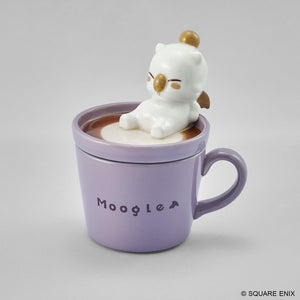 Three-quarter studio shot of the Final Fantasy Moogle figure mug showing the sculpted lid, wing, and cup handle.