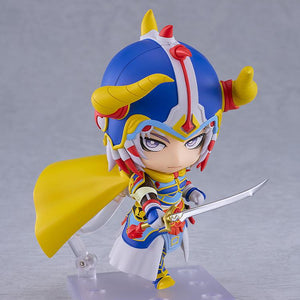 Action pose of the Warrior of Light Nendoroid figure lunging forward with a silver sword accessory.