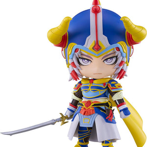 Front view of the Warrior of Light Nendoroid figure from Final Fantasy holding a sword, featuring detailed blue and gold armor and a horned helmet.