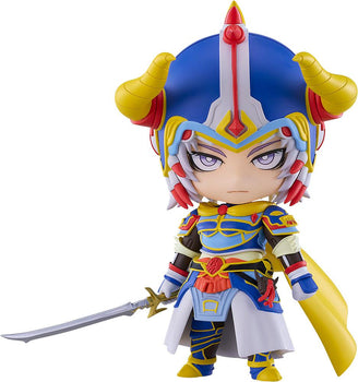 Front view of the Warrior of Light Nendoroid figure from Final Fantasy holding a sword, featuring detailed blue and gold armor and a horned helmet.