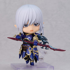 Final Fantasy XIV Estinien Nendoroid figure in a combat stance wielding his lance horizontally with an open-mouth declaration face plate.