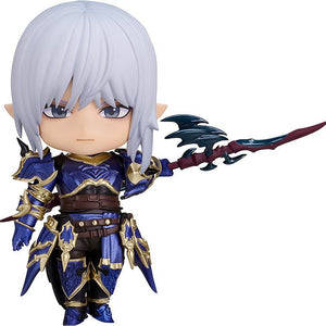Cutout of the Good Smile Company Final Fantasy XIV Estinien Nendoroid figure holding his dragon spear on a white background.