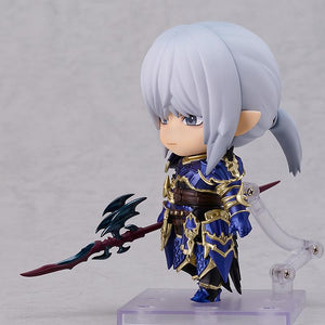 Side profile view highlighting the silver ponytail, pointed Elezen ear, and metallic blue armor of the Estinien Nendoroid.
